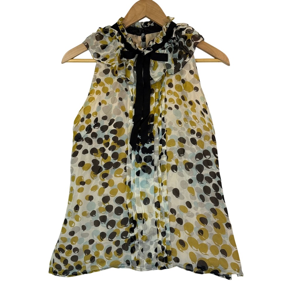 Milly Silk Chiffon Sleeveless Abstract Dot Print Blouse Top Ruffle Neck Bow Sz 0